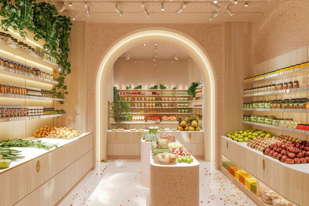 An interior design of the modern grocery store produce plant fruit.