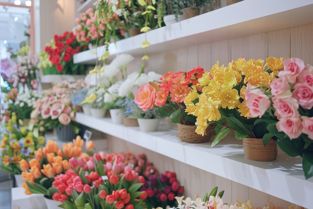 Display of pastel colorful flowers shop outdoors blossom.