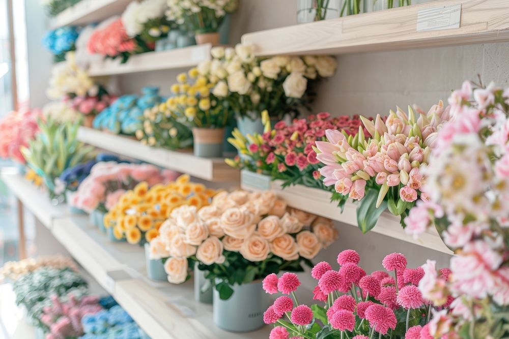 Display of pastel colorful flowers shop carnation blossom.