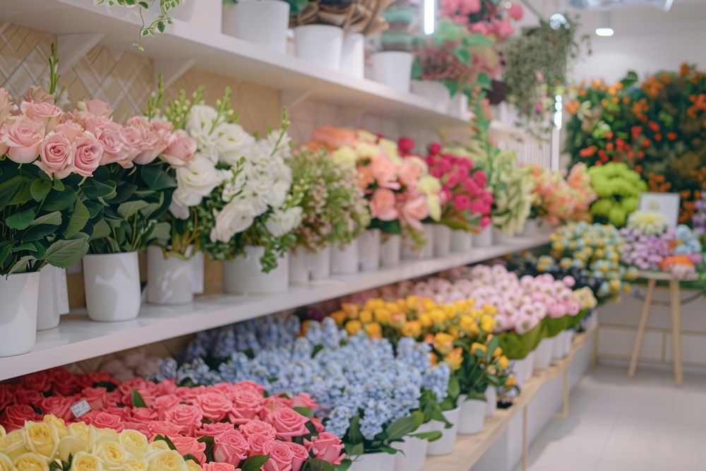 Display of pastel colorful flowers shop blossom pattern.