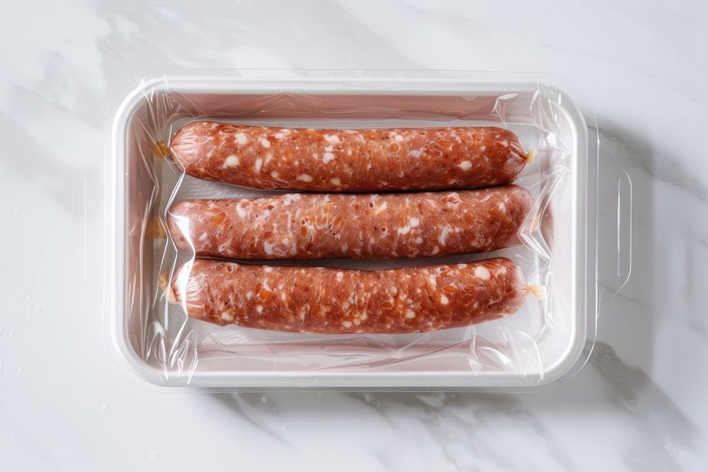 Packaging for frozen perfect raw sausages raw meat bread food.