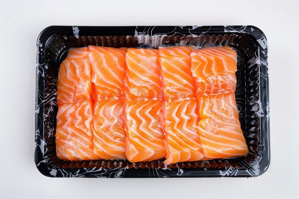 Packaging for frozen perfect cut raw salmon raw seafood.