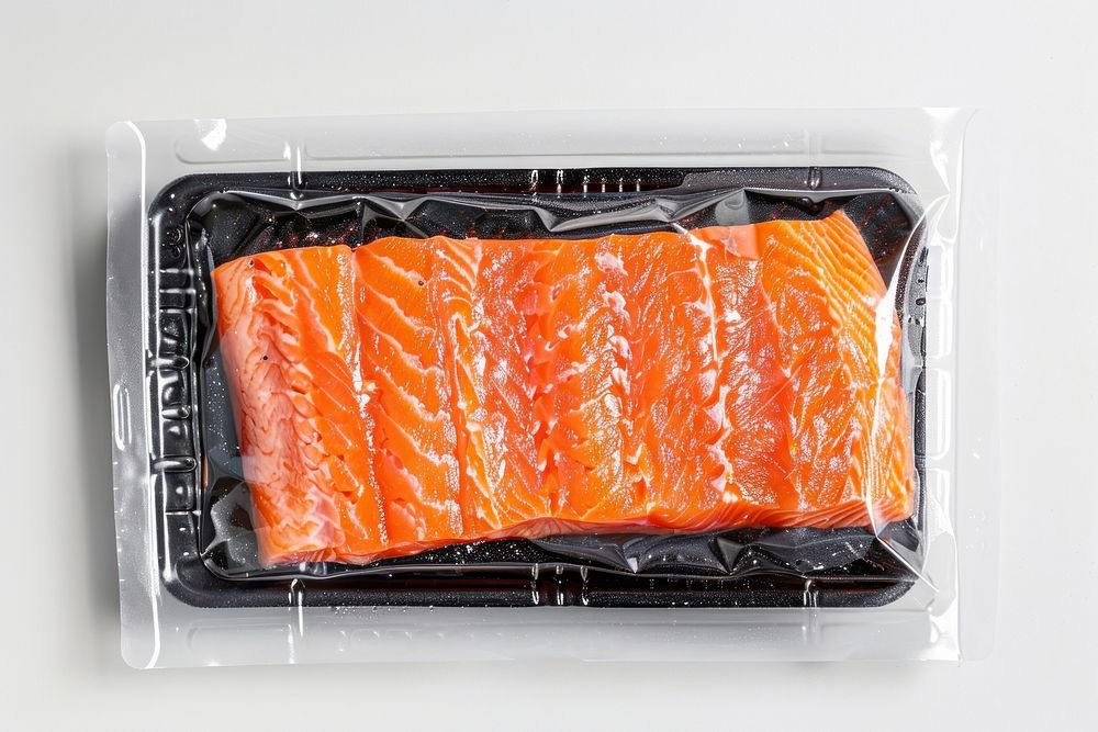 Packaging for frozen perfect raw salmon raw seafood.