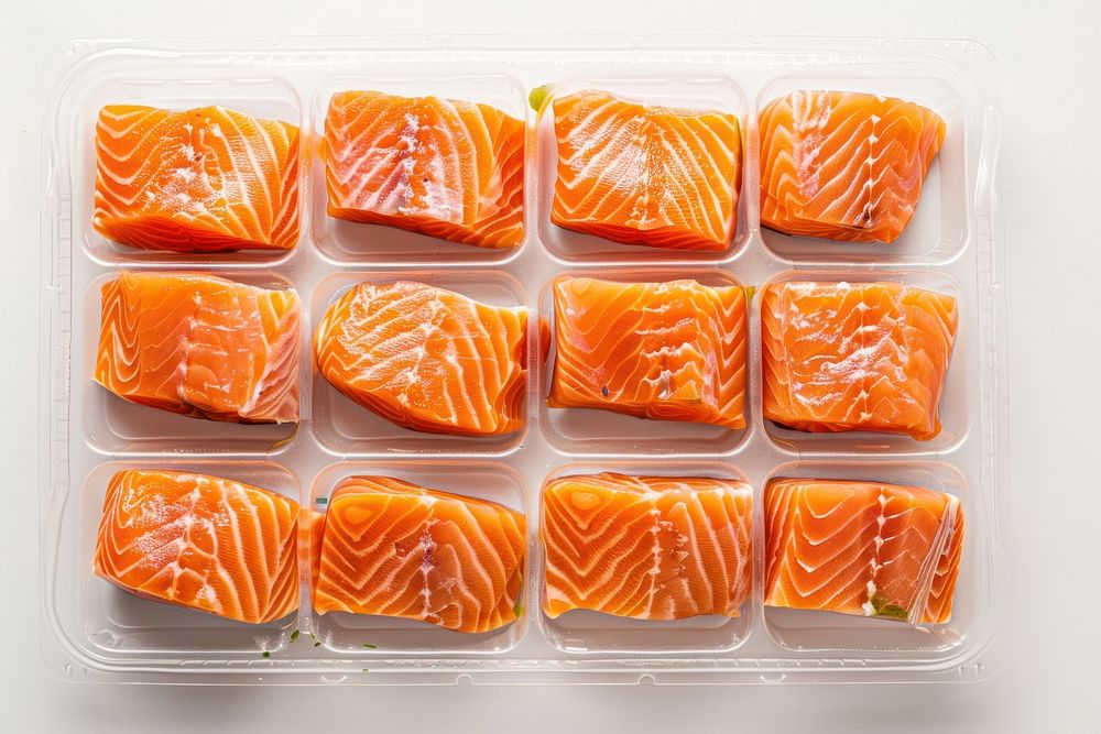 Packaging for frozen perfect raw chicken meat raw salmon seafood produce.