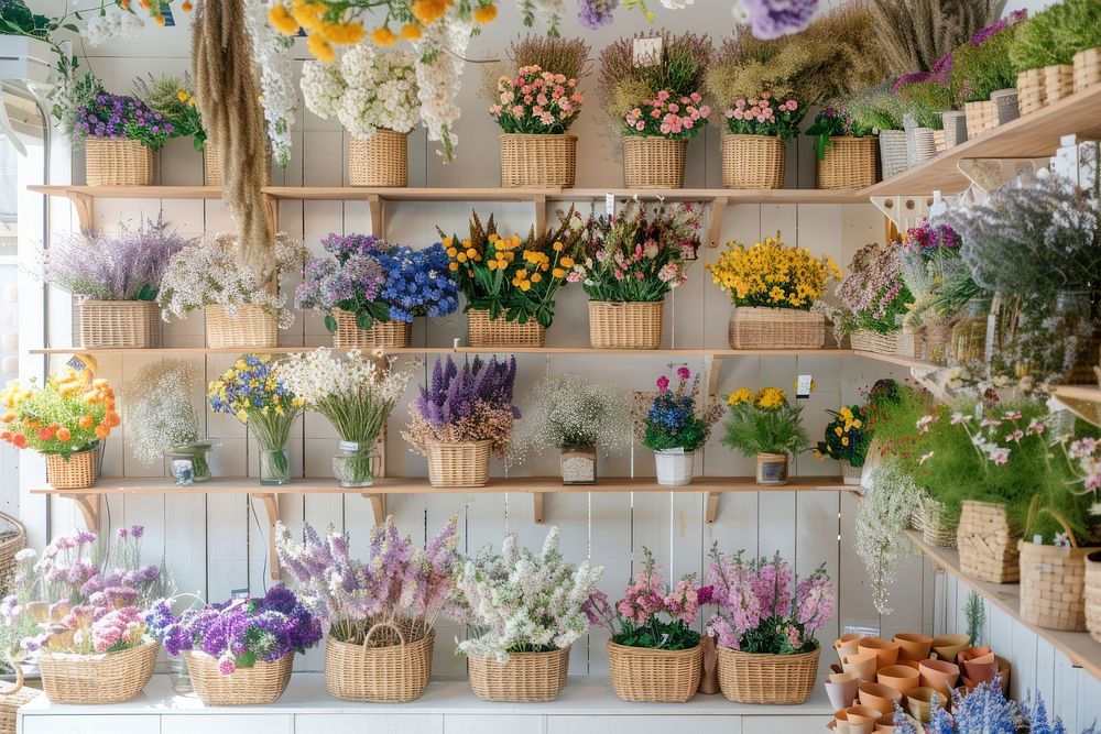 Photo of the inside wall of an organic flower store blossom plant flower arrangement.