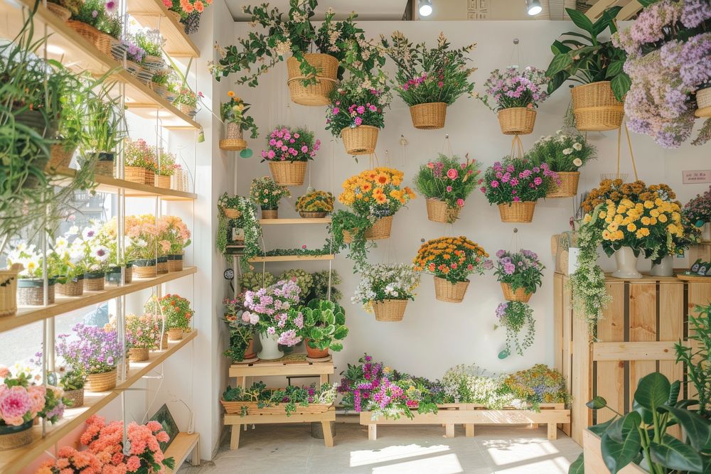 Photo of the inside wall of an organic flower store shop furniture outdoors.