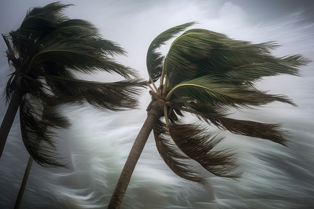 A group of palm trees blowing in the strong wind hurricane storm vegetation.