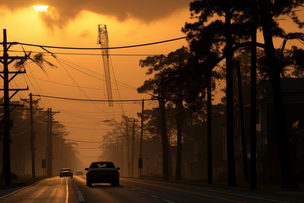 A photograph of the silhouette of trees and power lines street road car.