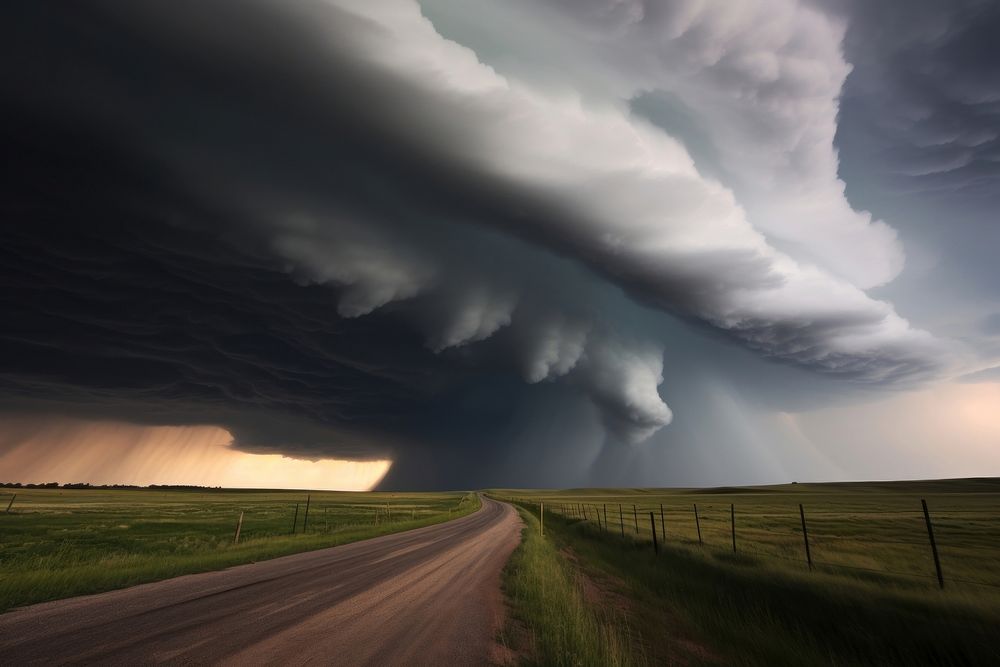 A supercell thunderstorm with lightning and rain tornado sky outdoors.
