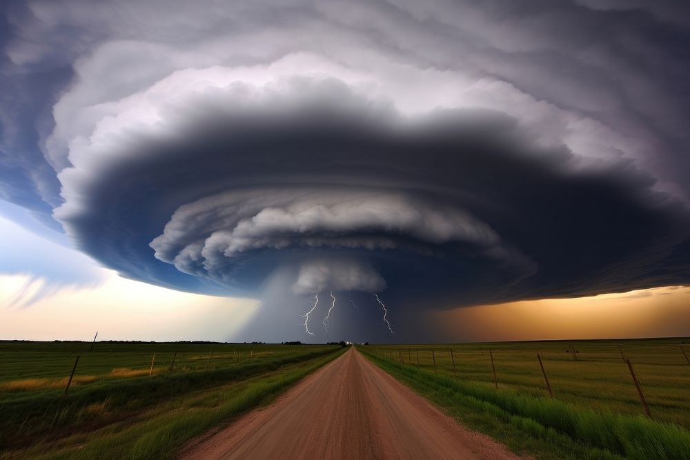 A supercell thunderstorm with lightning and rain outdoors nature animal.