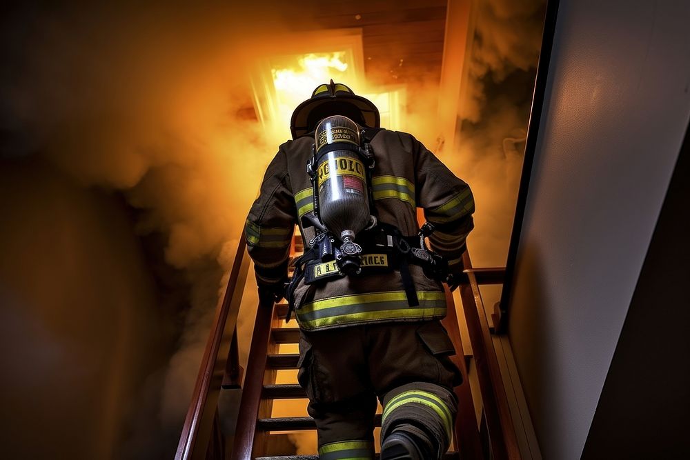 Firefighter running up the stairs fire person adult.