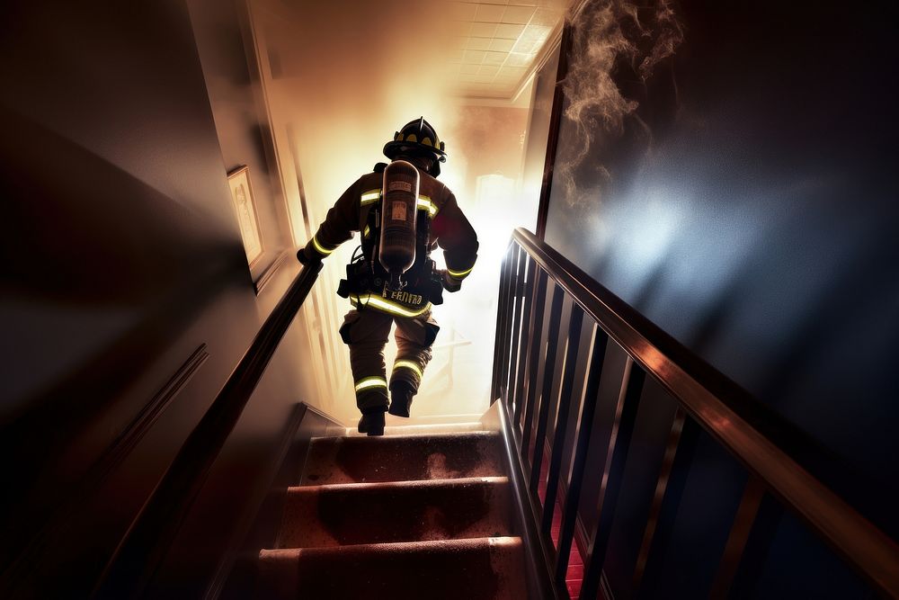 Firefighter running up the stairs building helmet fire.