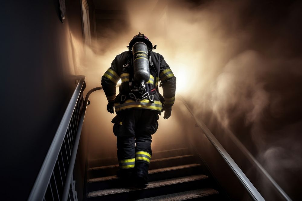 Firefighter running up the stairs fire clothing apparel.