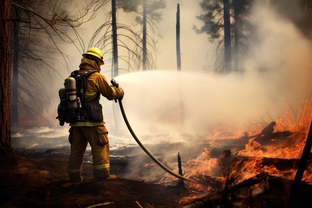 Firefighter with water hose battling forest fire clothing bonfire apparel.