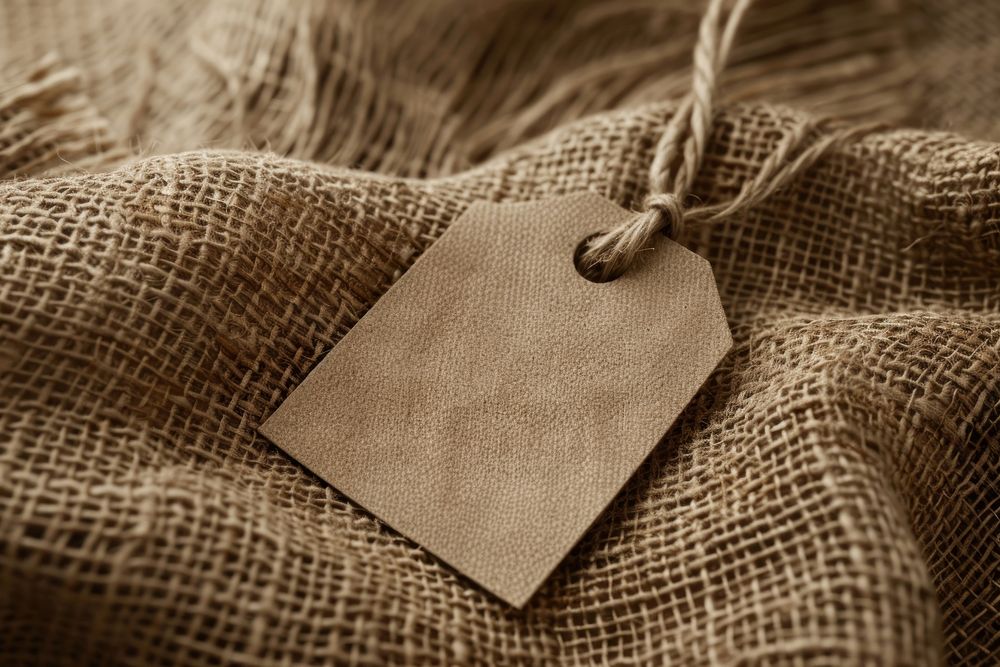 Empty craft brown fabric label mockup blackboard linen knot.