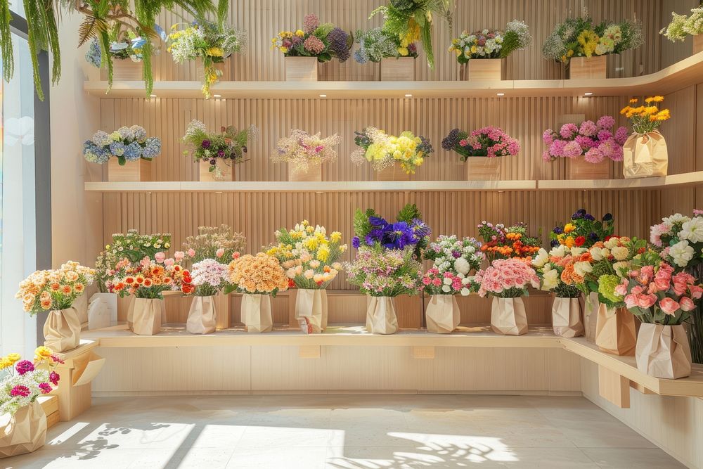 The front wall with flower stands shop bag accessories.