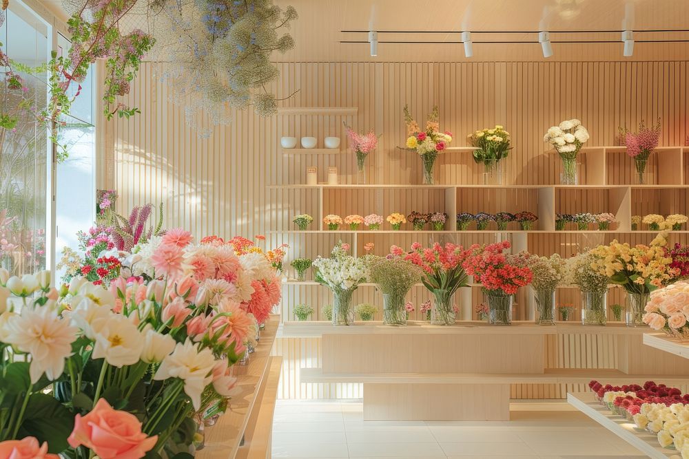 The front wall with flower stands shop blossom indoors.