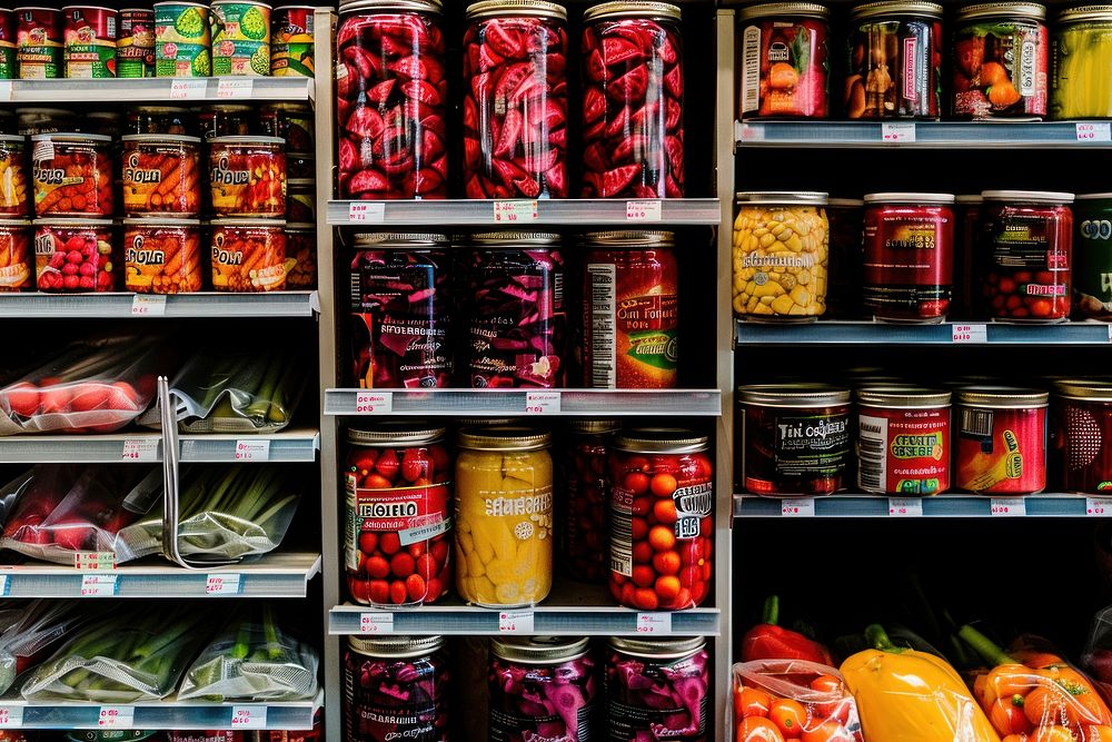 A display of canned food in the grocery store tin refrigerator aluminium.