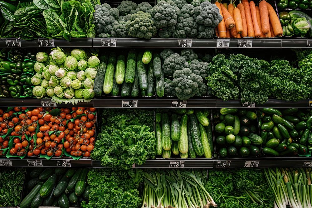 A display of fresh vegetables in the grocery store zucchini produce indoors.