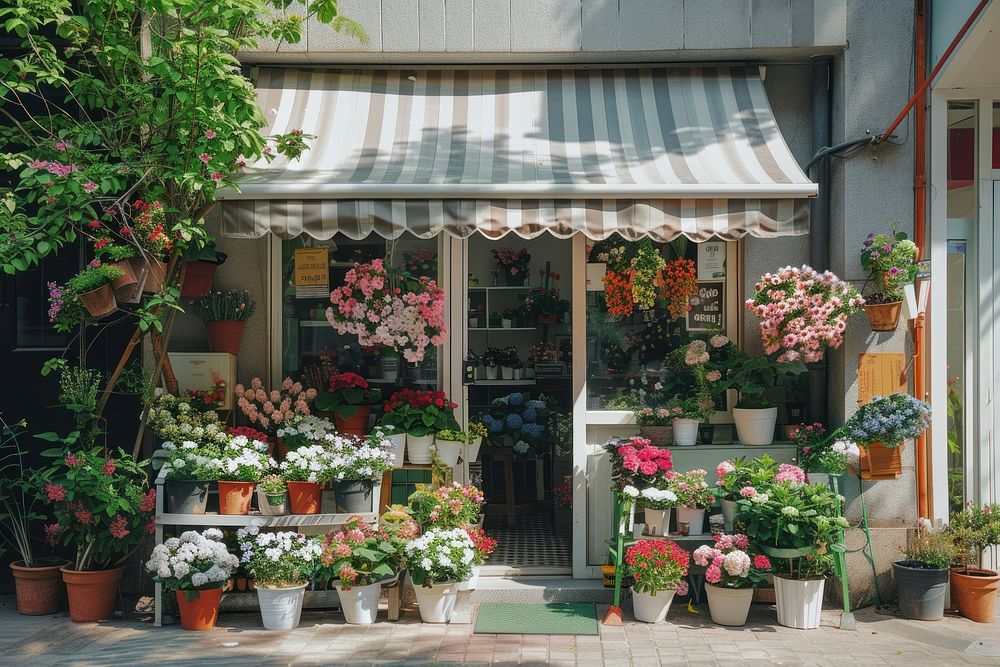 A front view of a minimal cozy modern and elegant flower shop awning outdoors blossom.