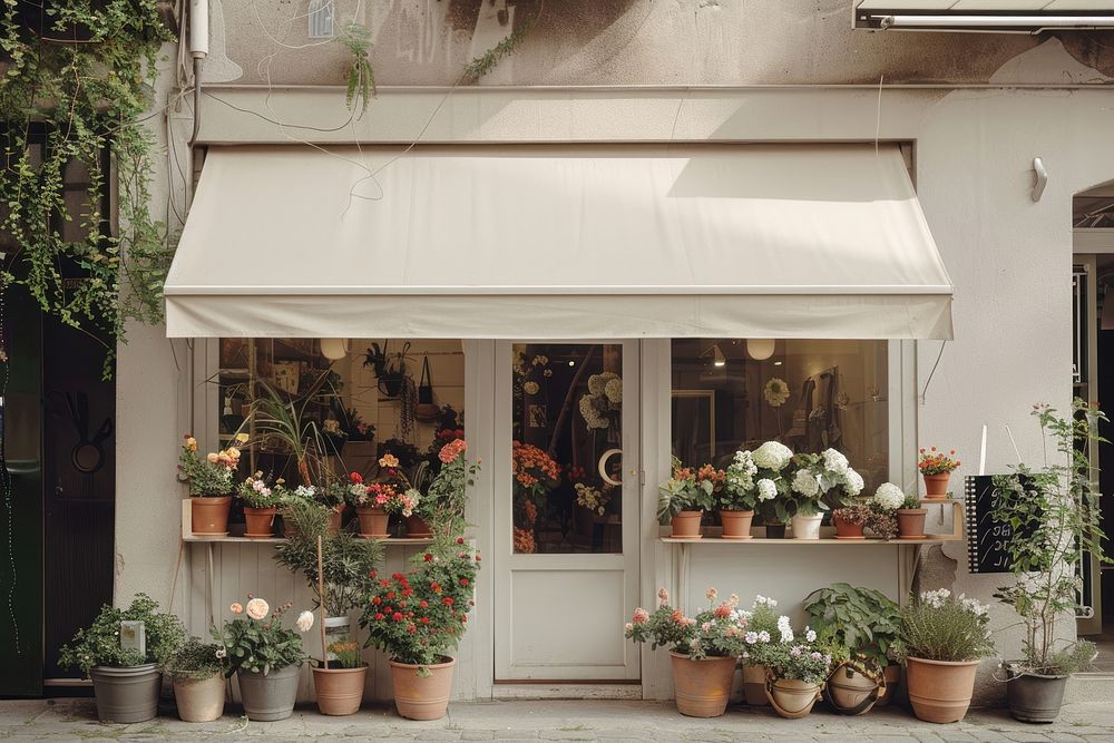 A front view of a minimal cozy modern minimal and elegant flower shop awning pot cookware.