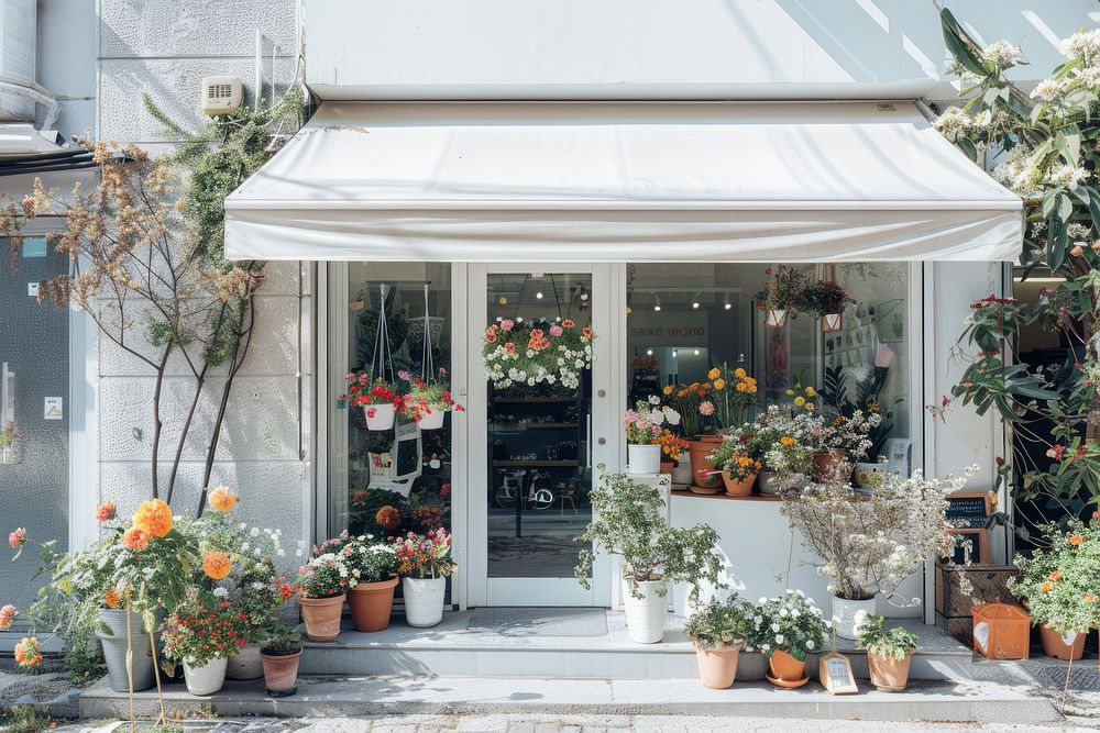 A front view of a minimal cozy modern minimal and elegant flower shop awning transportation architecture.