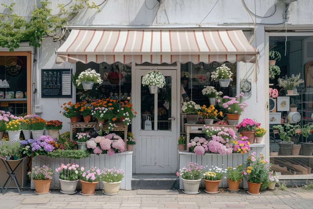 A front view of a minimal cozy modern minimal and elegant flower shop awning outdoors painting.