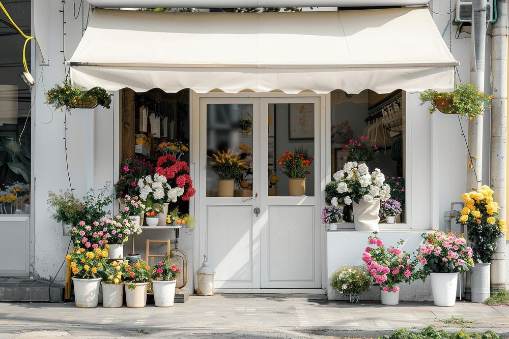 A front view of a minimal cozy modern and elegant flower shop awning architecture building.