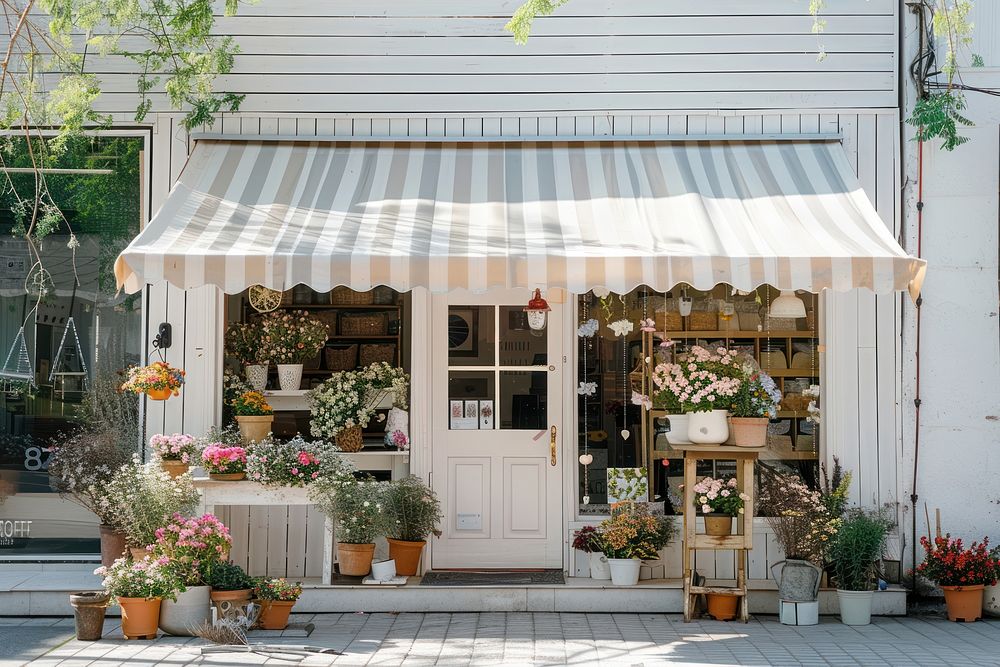 A front view of a minimal cozy modern and elegant flower shop awning canopy person.