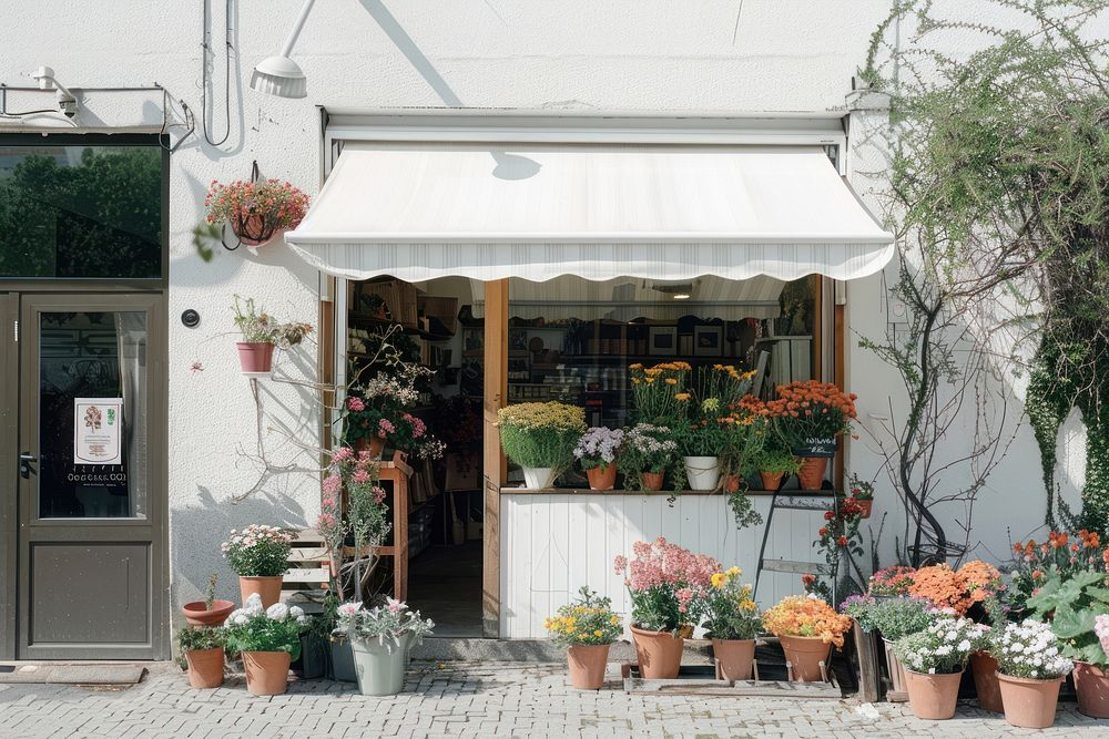 A front view of a minimal cozy modern minimal and elegant flower shop awning blossom planter.