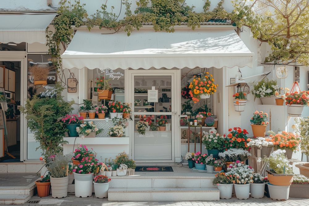 A front view of a minimal cozy modern and elegant flower shop awning architecture building.