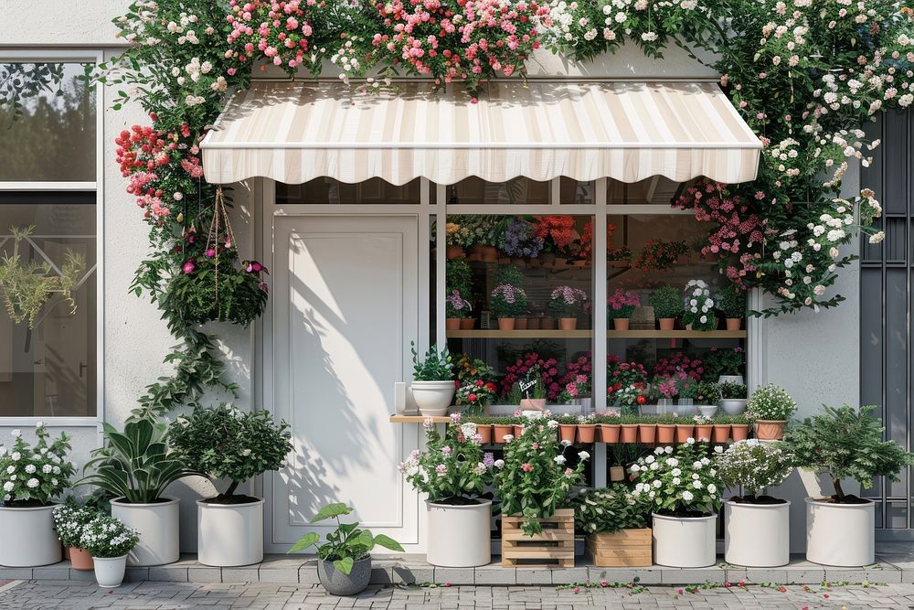 A front view of a minimal cozy modern and elegant flower shop awning planter pottery.