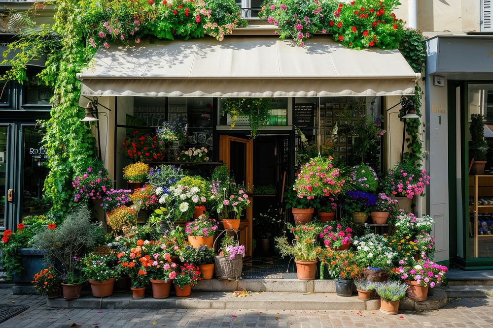 A front view of a modern flower shop pot architecture outdoors.