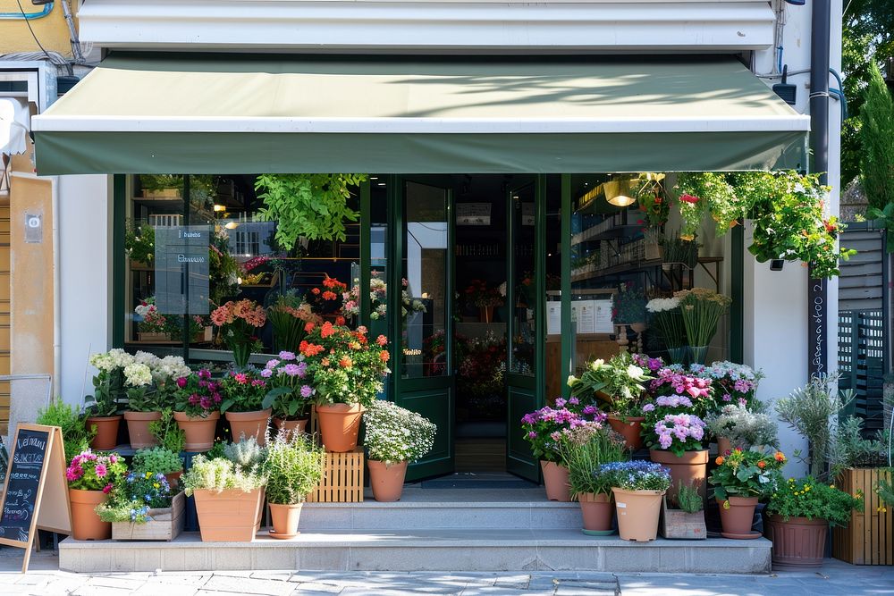 A front view of a olive green modern and elegant flower shop awning blackboard outdoors.