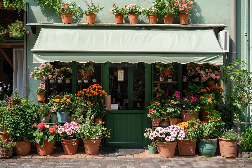 A front view of a olive green modern and elegant flower shop awning pot cookware.