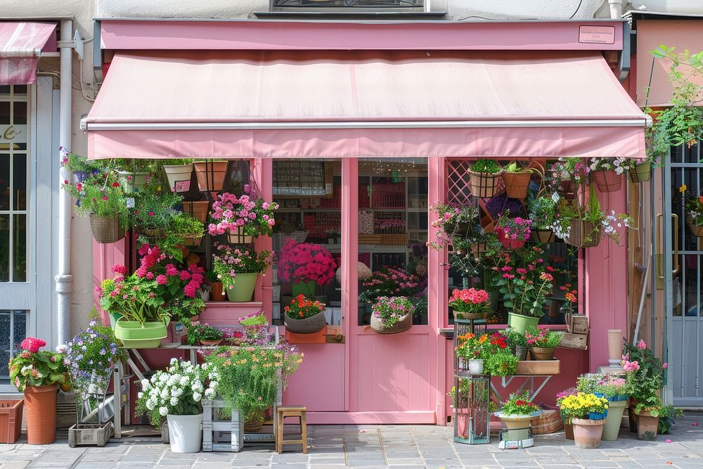 A front view of a pink modern and elegant flower shop awning pot cookware.