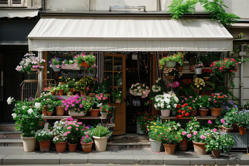 A front view of an elegant flower shop awning pot outdoors.