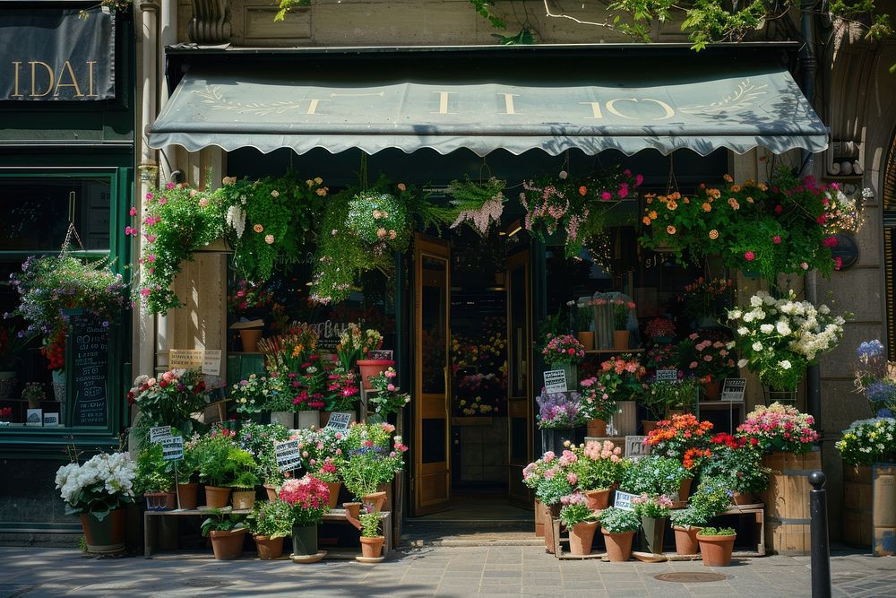 A front view of an elegant flower shop awning outdoors blossom.