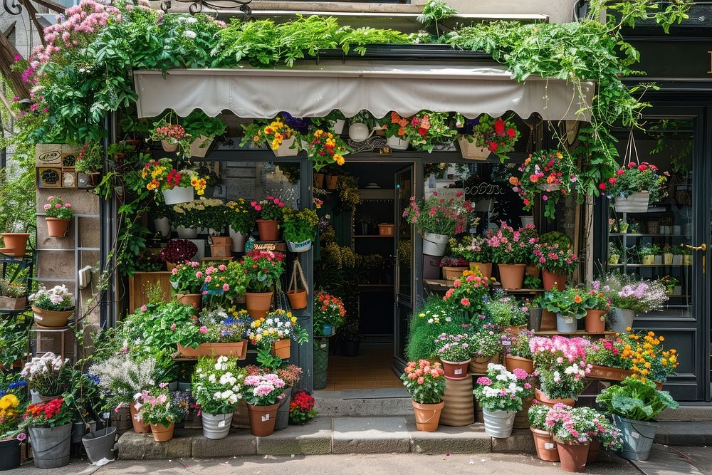 A front view of an elegant flower shop pot outdoors cookware.