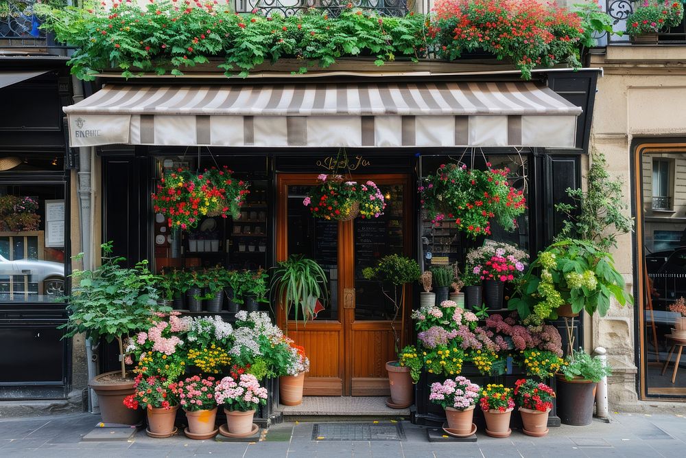 A front view of an elegant flower shop awning pot transportation.