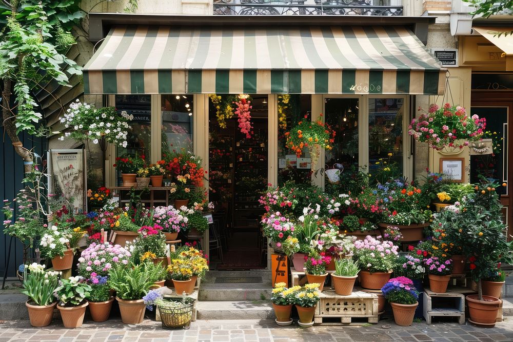 A front view of an elegant flower shop awning pot outdoors.