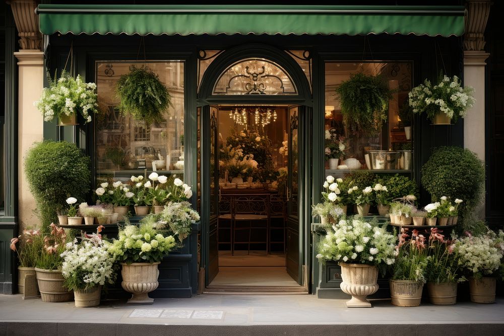 A front view of an elegant flower shop architecture chandelier building.