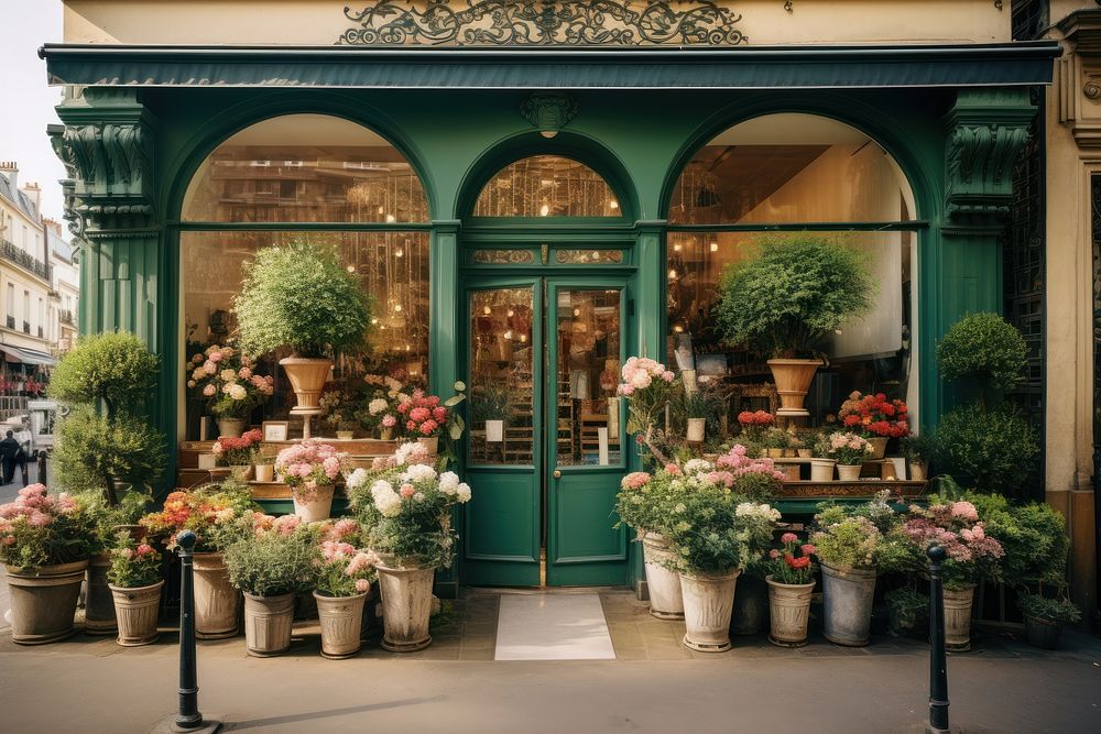 A front view of an elegant flower shop pot architecture building.
