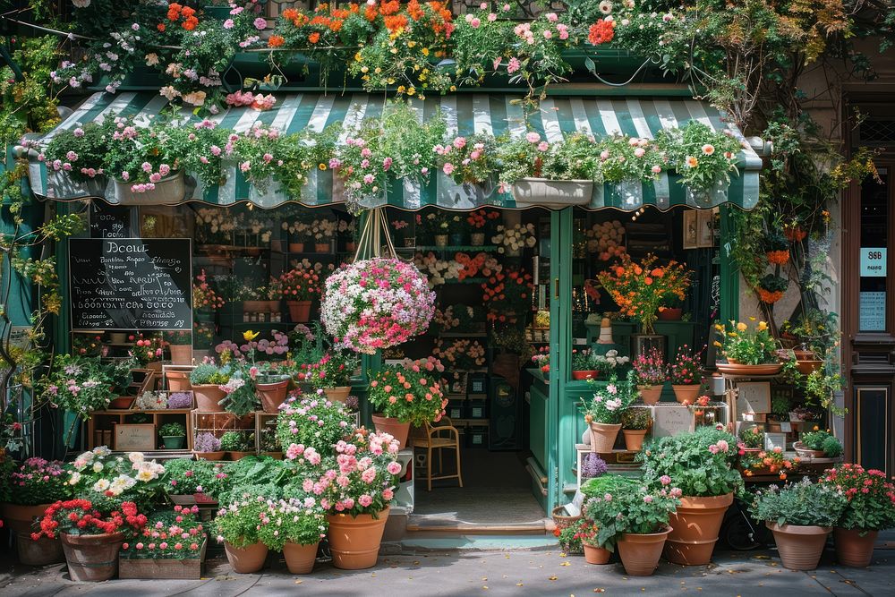 A front view of an elegant flower shop pot blackboard furniture.