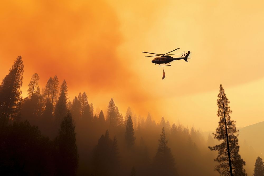 A helicopter carrying water to extinguish forest fires tree transportation aircraft.