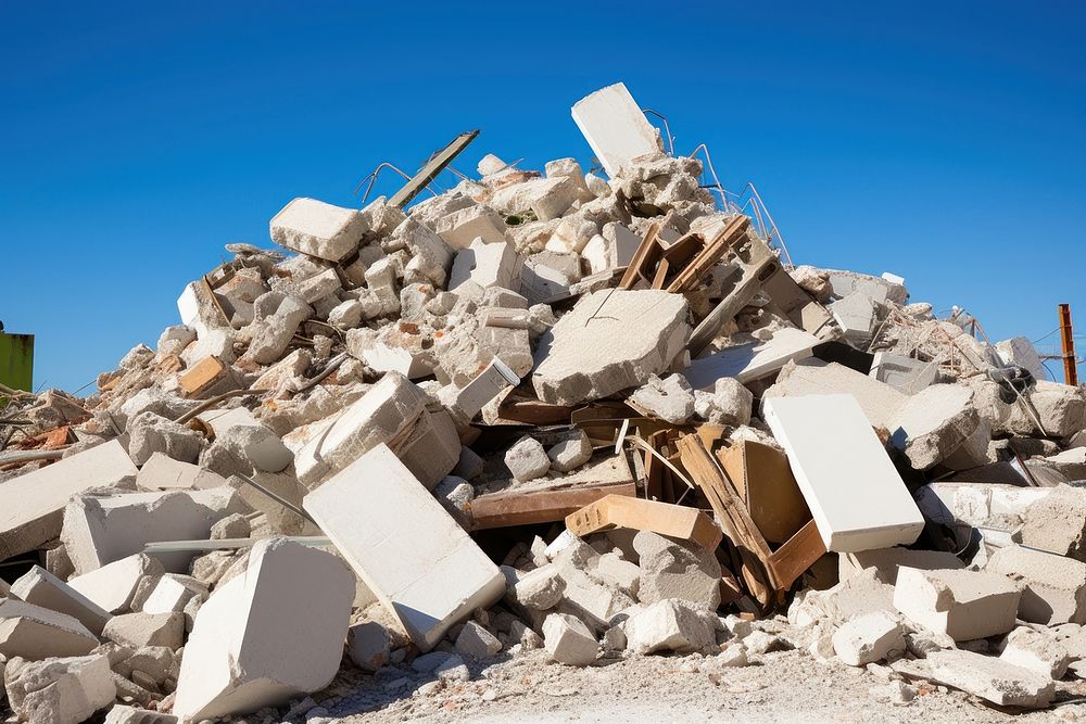 A pile of rubble after an earthquake bulldozer machine.