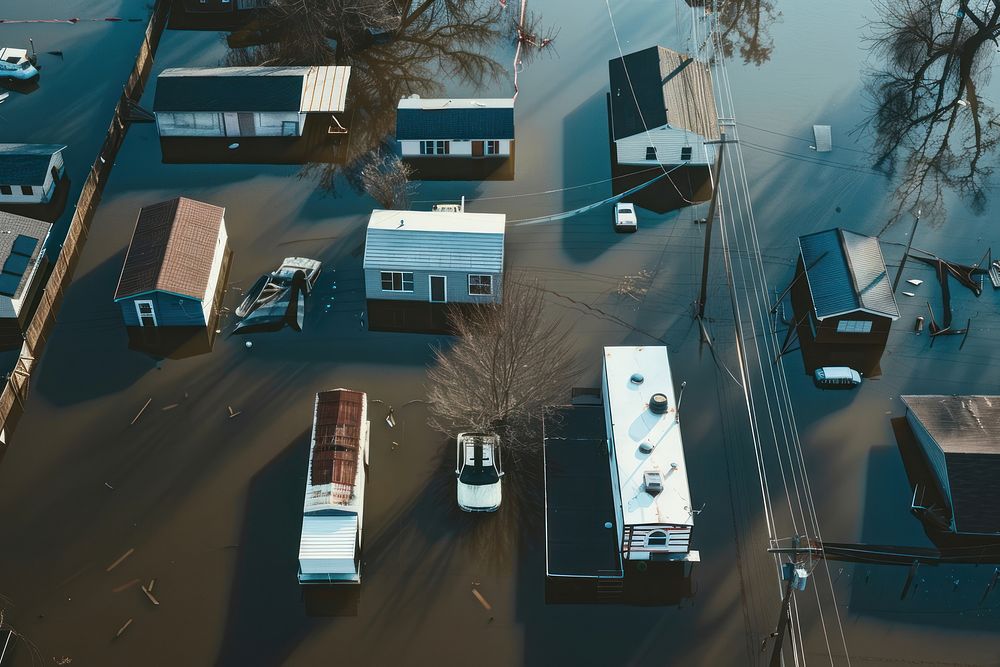 An aerial view of the flood building water transportation.