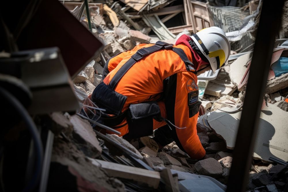 An Asian rescue worker in an orange uniform helmet person human.