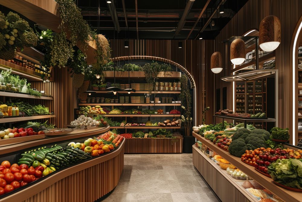 An interior design of the modern and sustainable grocery store produce fruit plant.