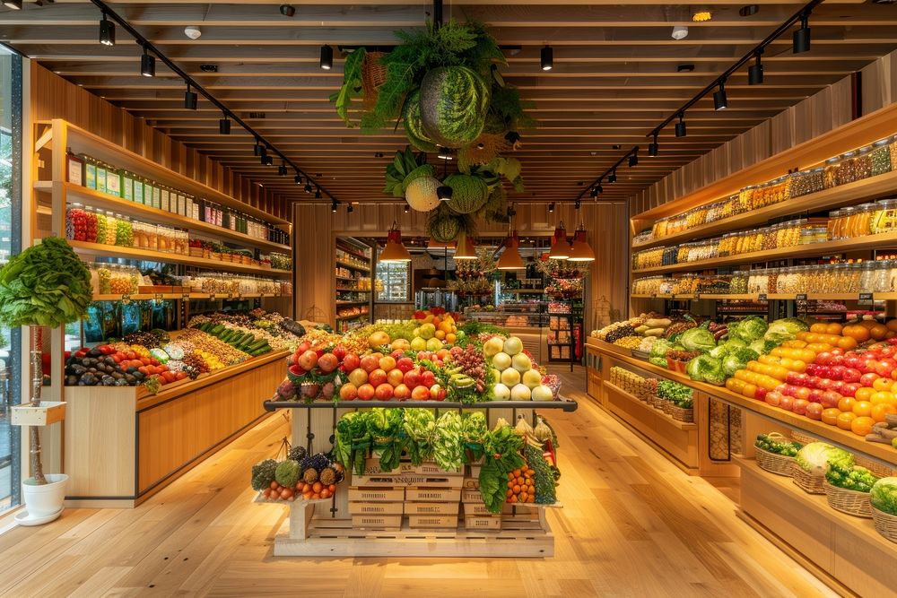 An interior design of the modern and sustainable grocery store plant supermarket indoors.